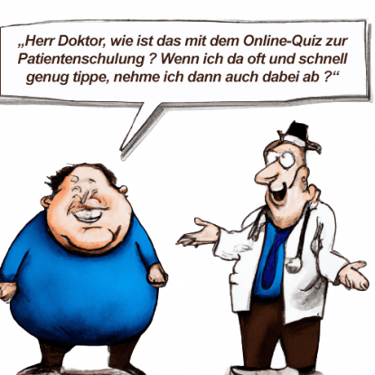 Arzt und Patient besprechen Online-Quiz zur Diabetikerschulung - Cartoon. Cartoon eines Arztes und seines Patienten, die sich über Online-Quiz zur Diabetikerschulung unterhalten.